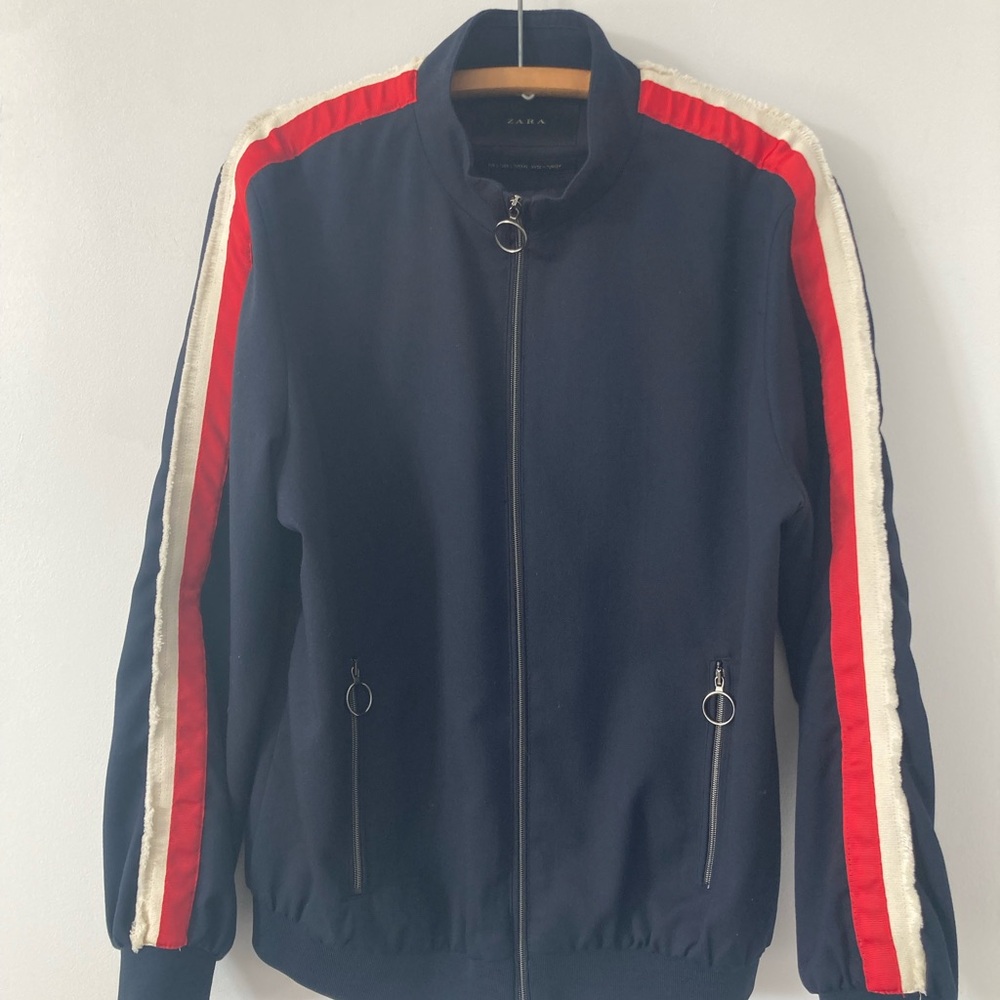 Zara Men's Varsity Jacket in Navy with Red and White Accents Fringed Stripes